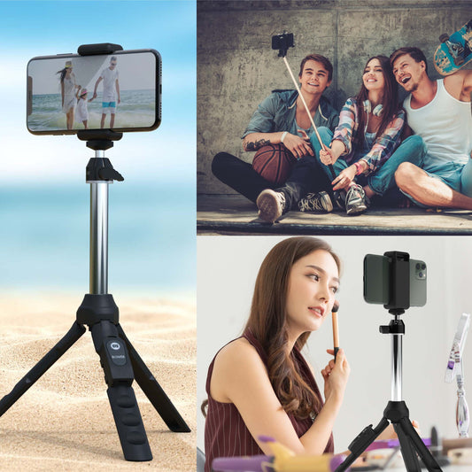 6-In-1 Multi Selfie Tripod with Smartphone & Gopro Mount, Rechargeable Wireless Remote - Black